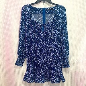 Nasty Gal Sexy Silky Floral Mini Dress 2 Blue Long Sleeve Open Tie Front